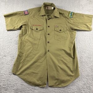 BSA Boy Scouts of America Shirt Mens Medium Tan Short Sleeve Patches Made in US